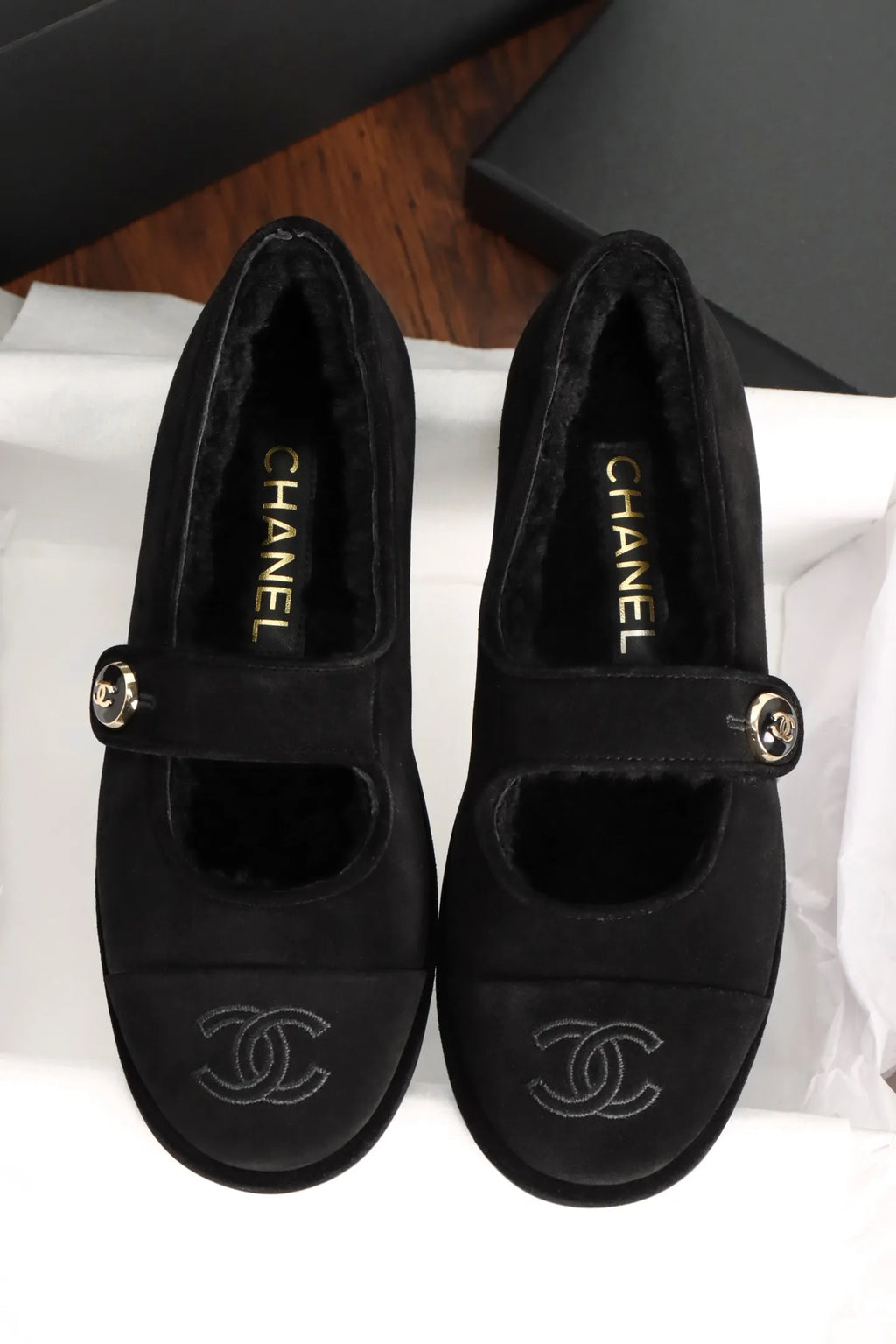 Chanel Black Mary Jane Plush Flats 858575
