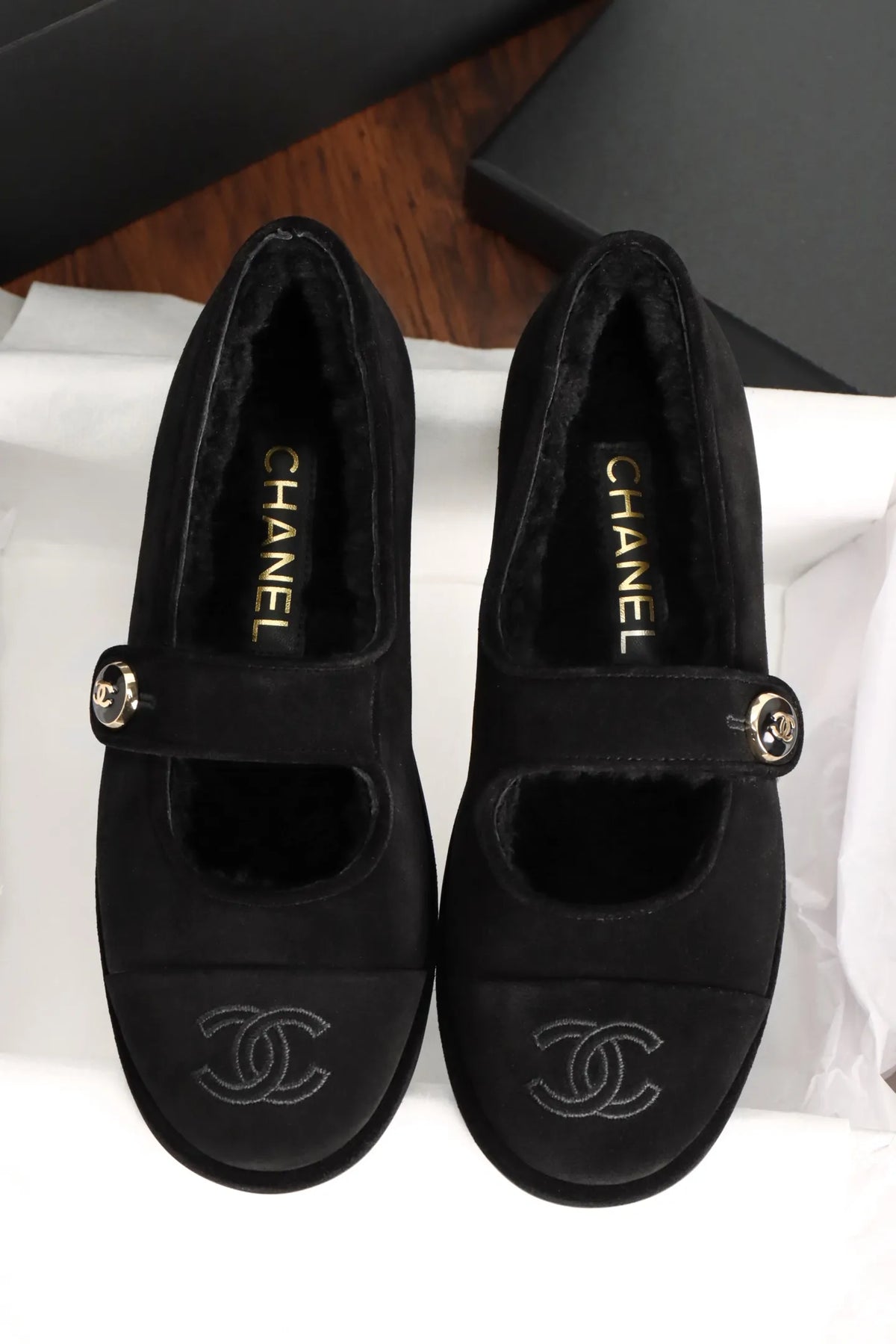 Chanel Black Mary Jane Plush Flats 858575