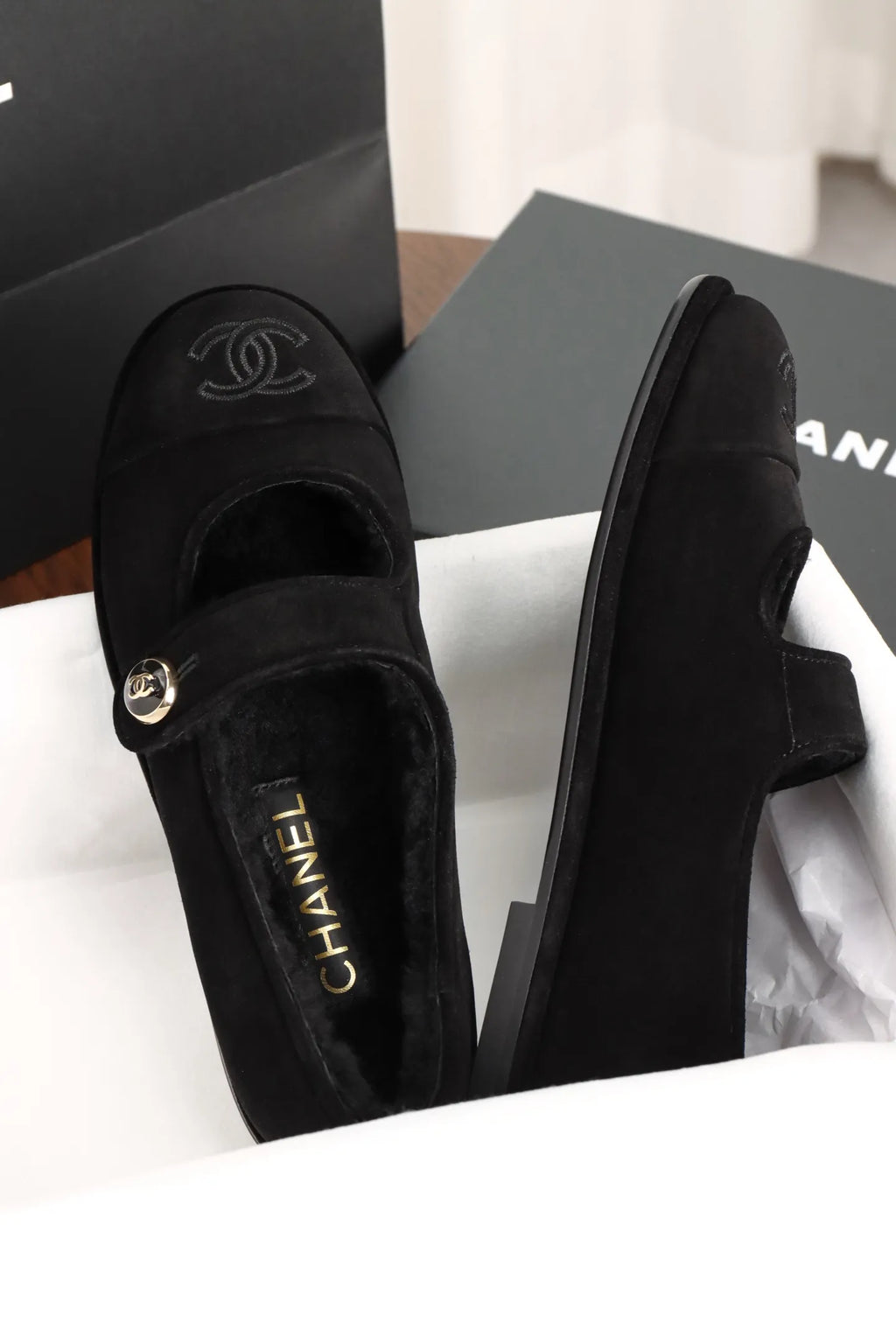 Chanel Black Mary Jane Plush Flats 858575