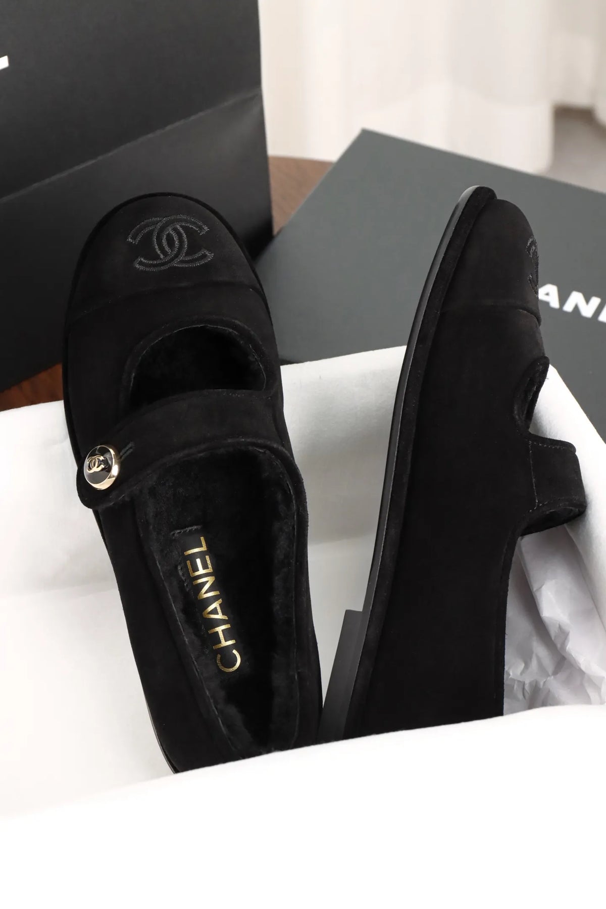 Chanel Black Mary Jane Plush Flats 858575