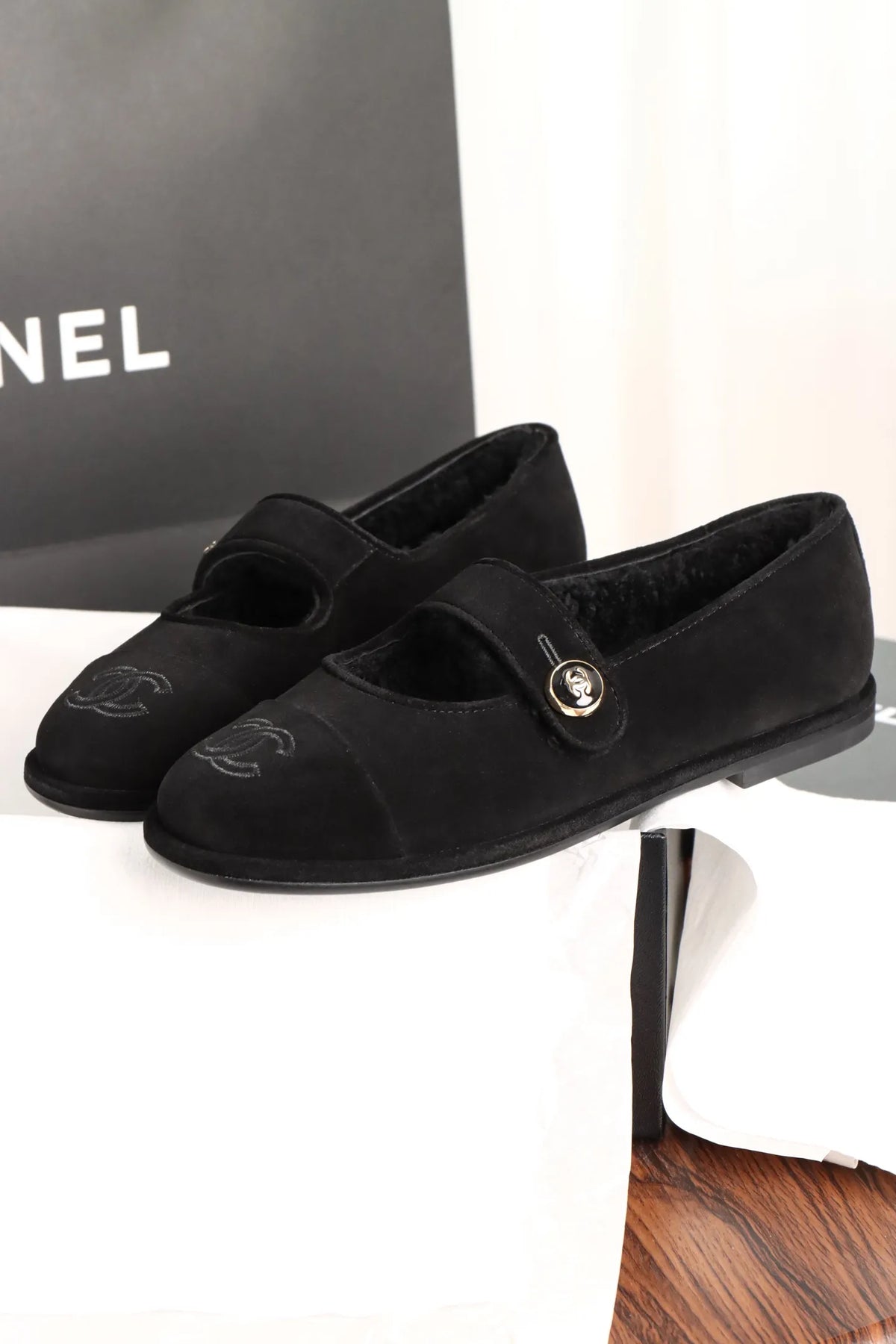Chanel Black Mary Jane Plush Flats 858575