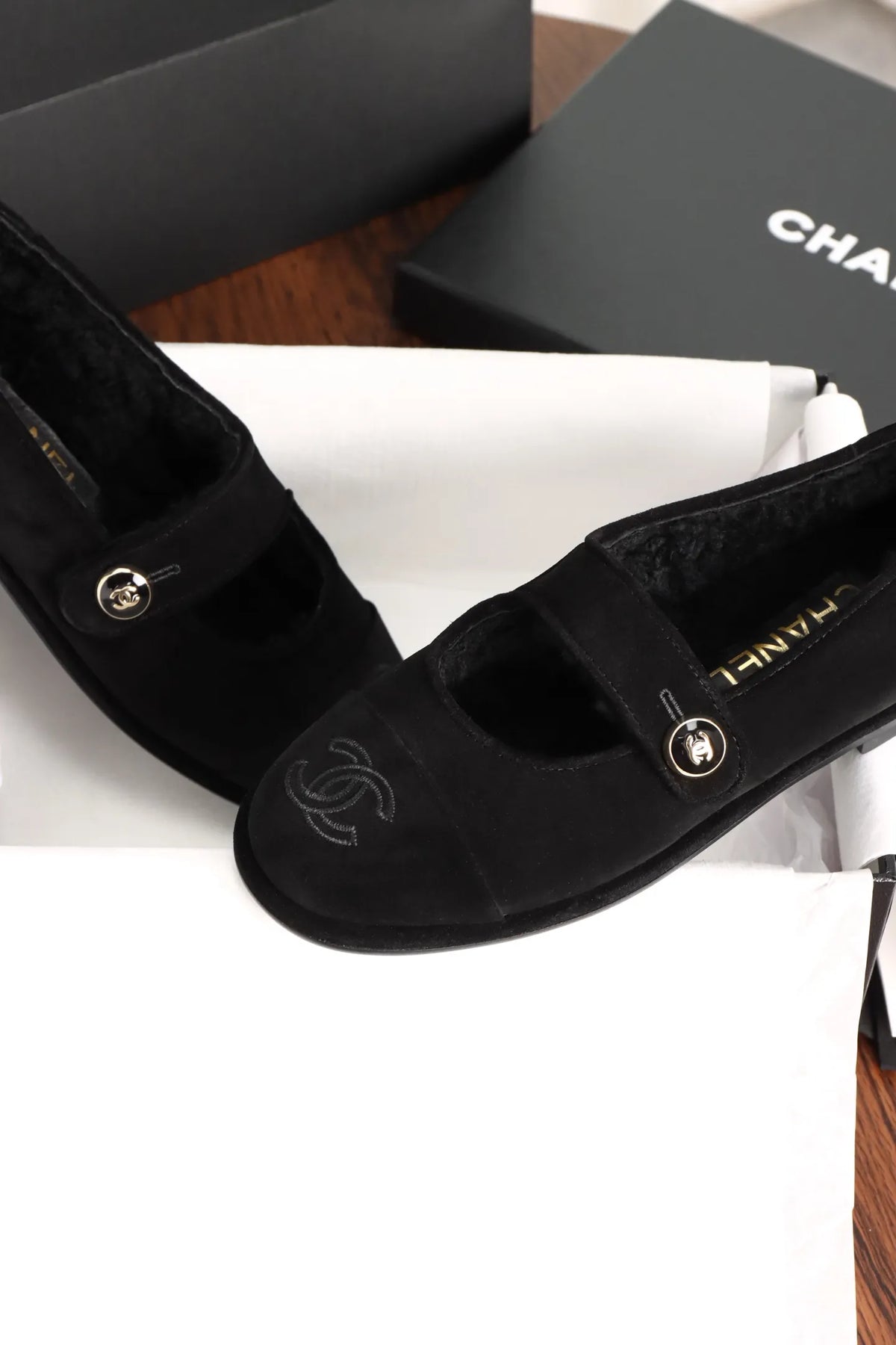 Chanel Black Mary Jane Plush Flats 858575