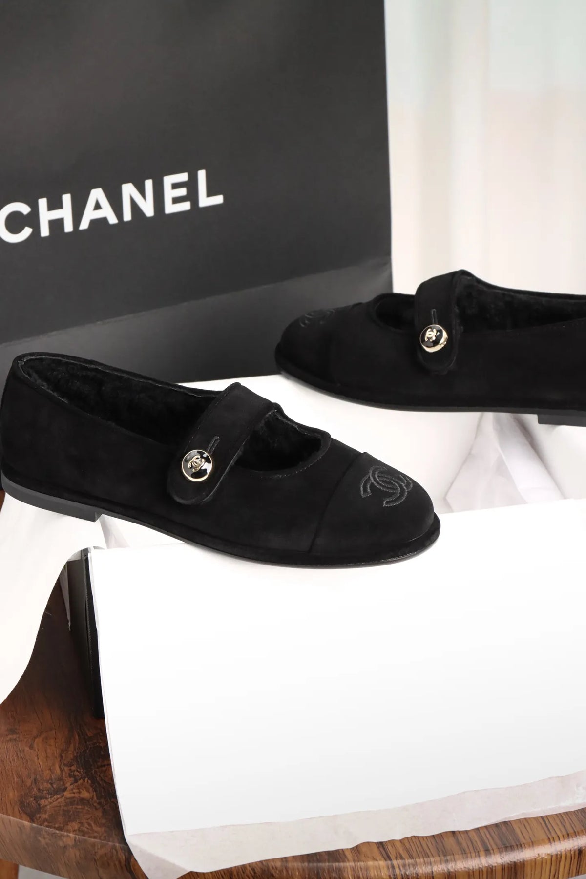Chanel Black Mary Jane Plush Flats 858575