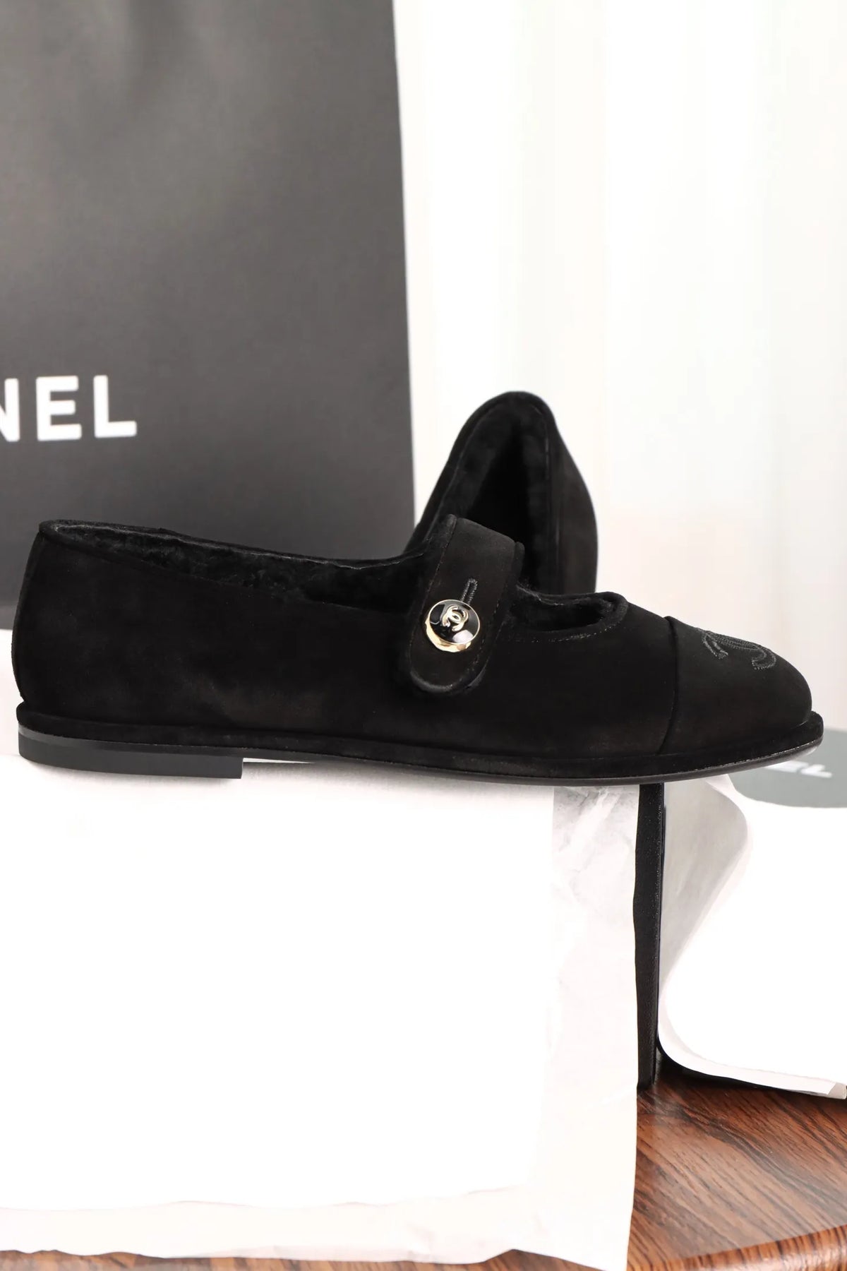Chanel Black Mary Jane Plush Flats 858575
