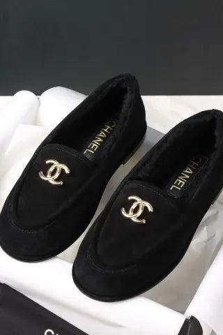 Chanel Black Plush Loafers 305030