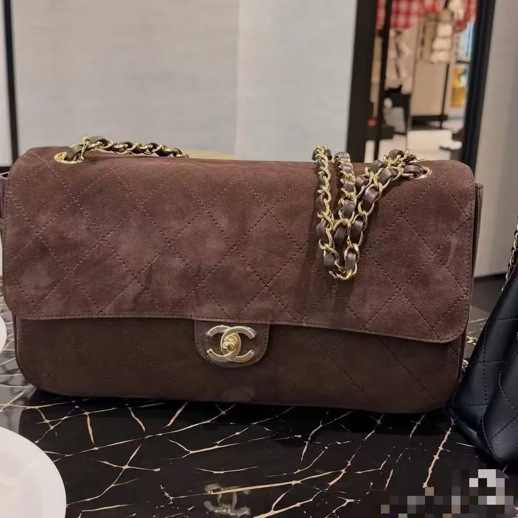 CHANEL Large Suede CF Handbag Coffee Brown