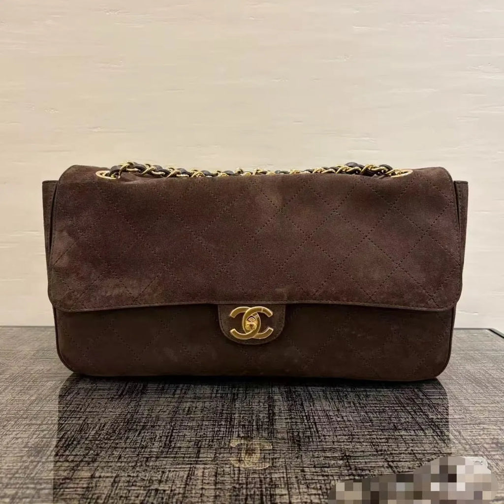 CHANEL Large Suede CF Handbag Coffee Brown