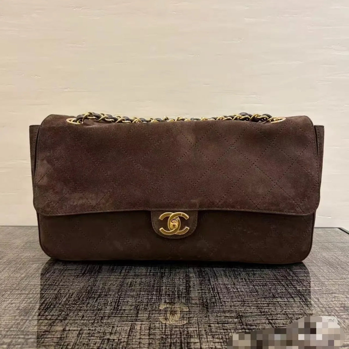 CHANEL Large Suede CF Handbag Coffee Brown
