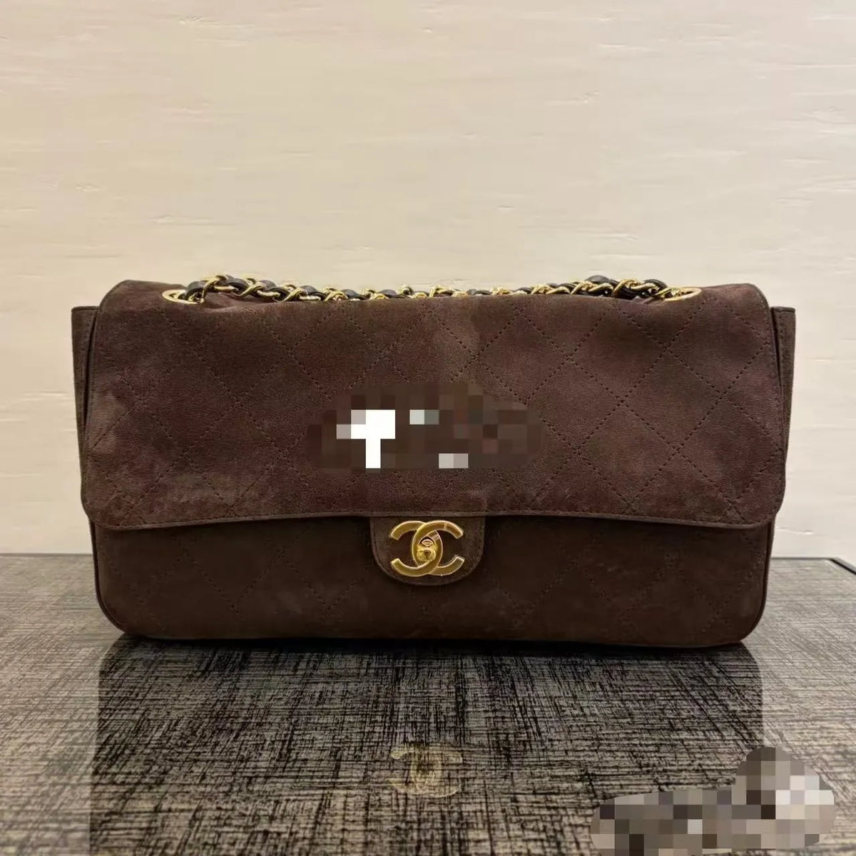 CHANEL Large Suede CF Handbag Coffee Brown