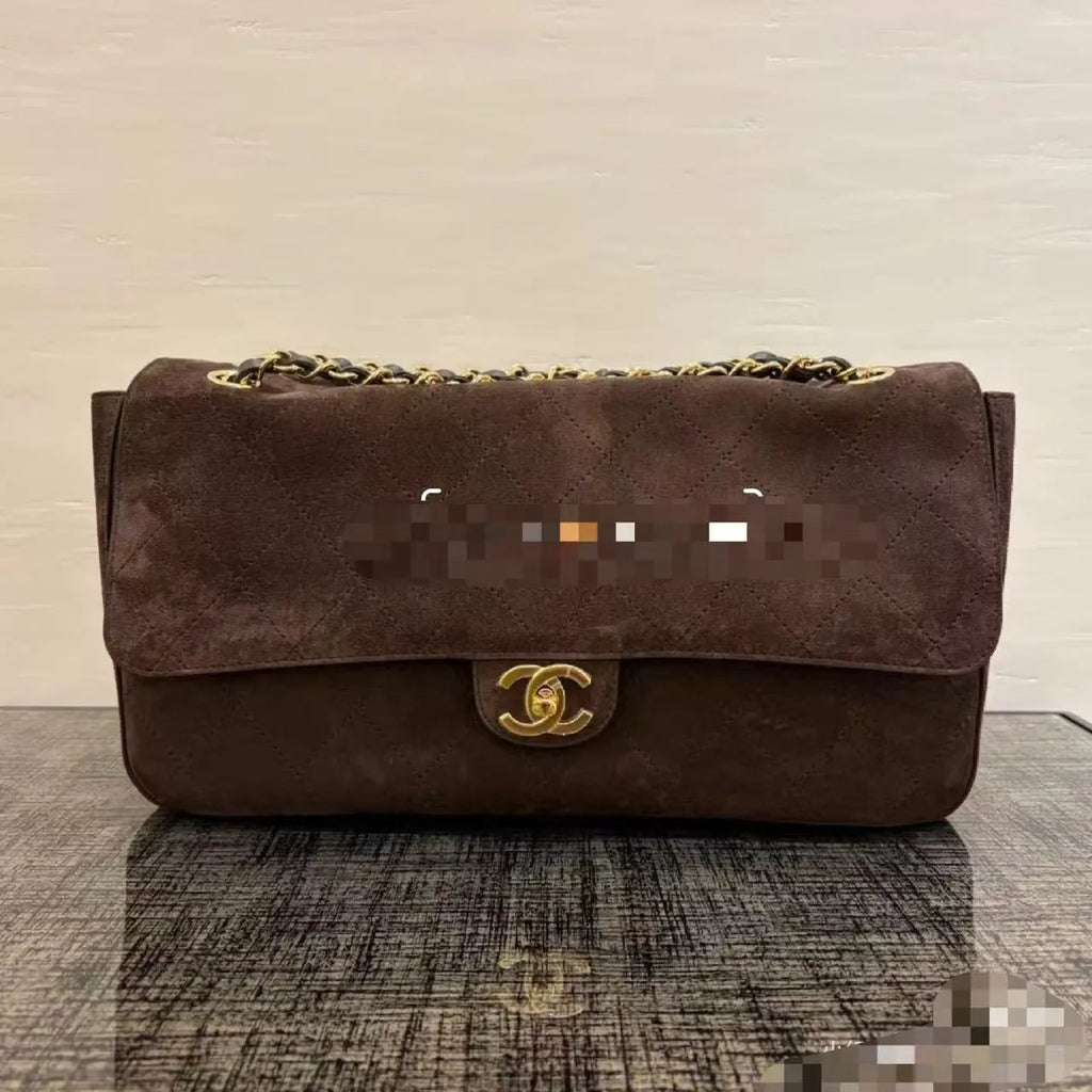 CHANEL Large Suede CF Handbag Coffee Brown
