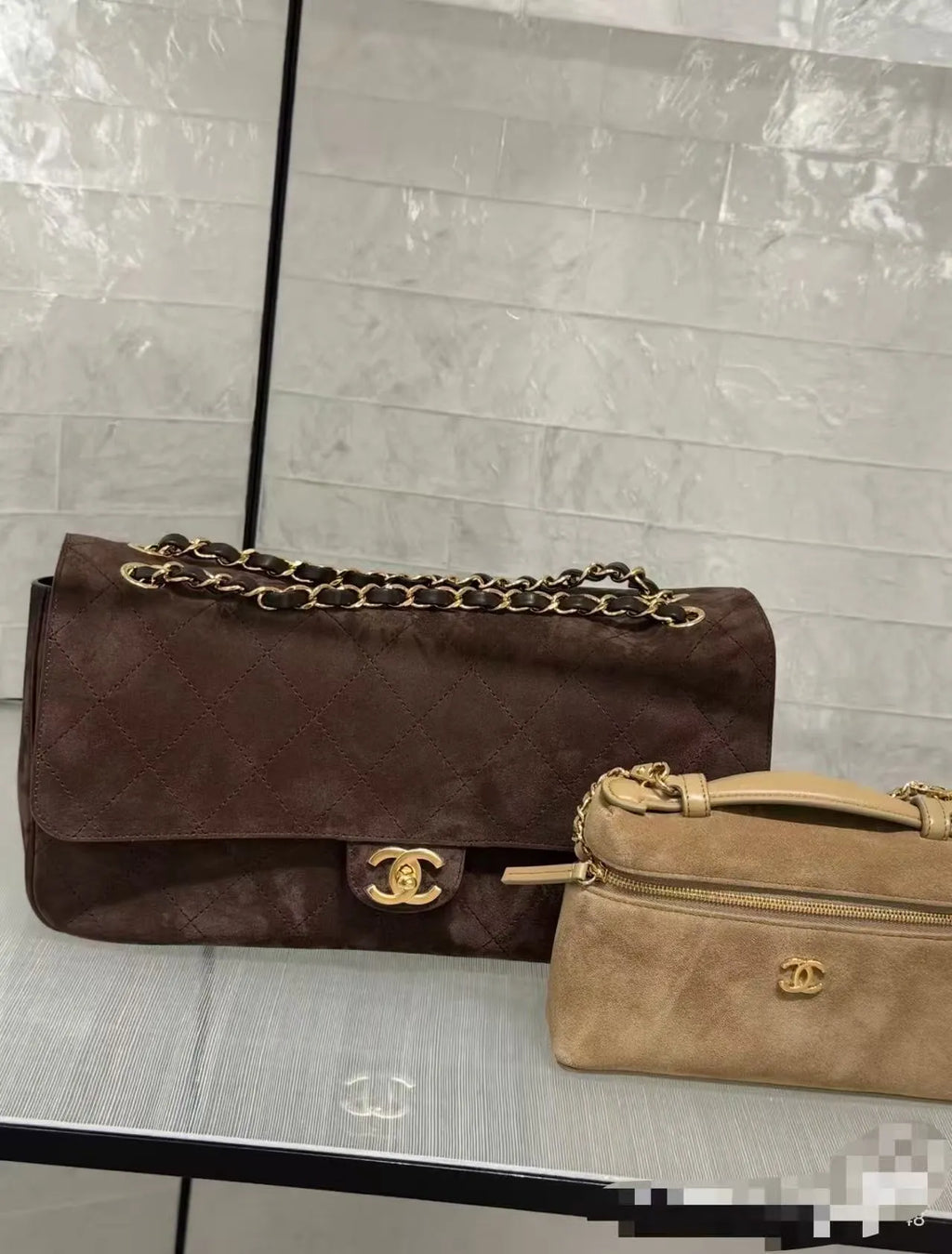 CHANEL Large Suede CF Handbag Coffee Brown