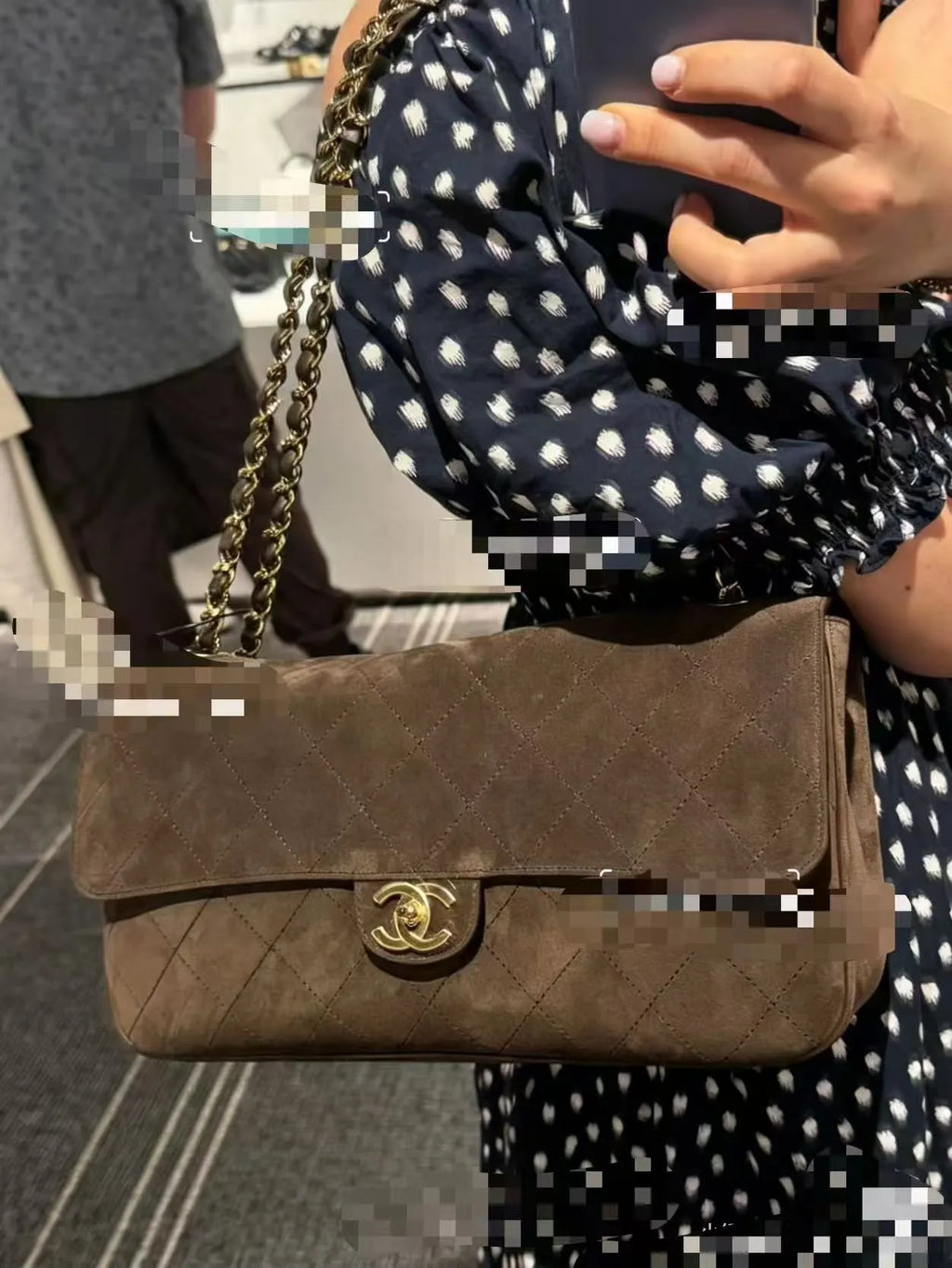 CHANEL Large Suede CF Handbag Coffee Brown