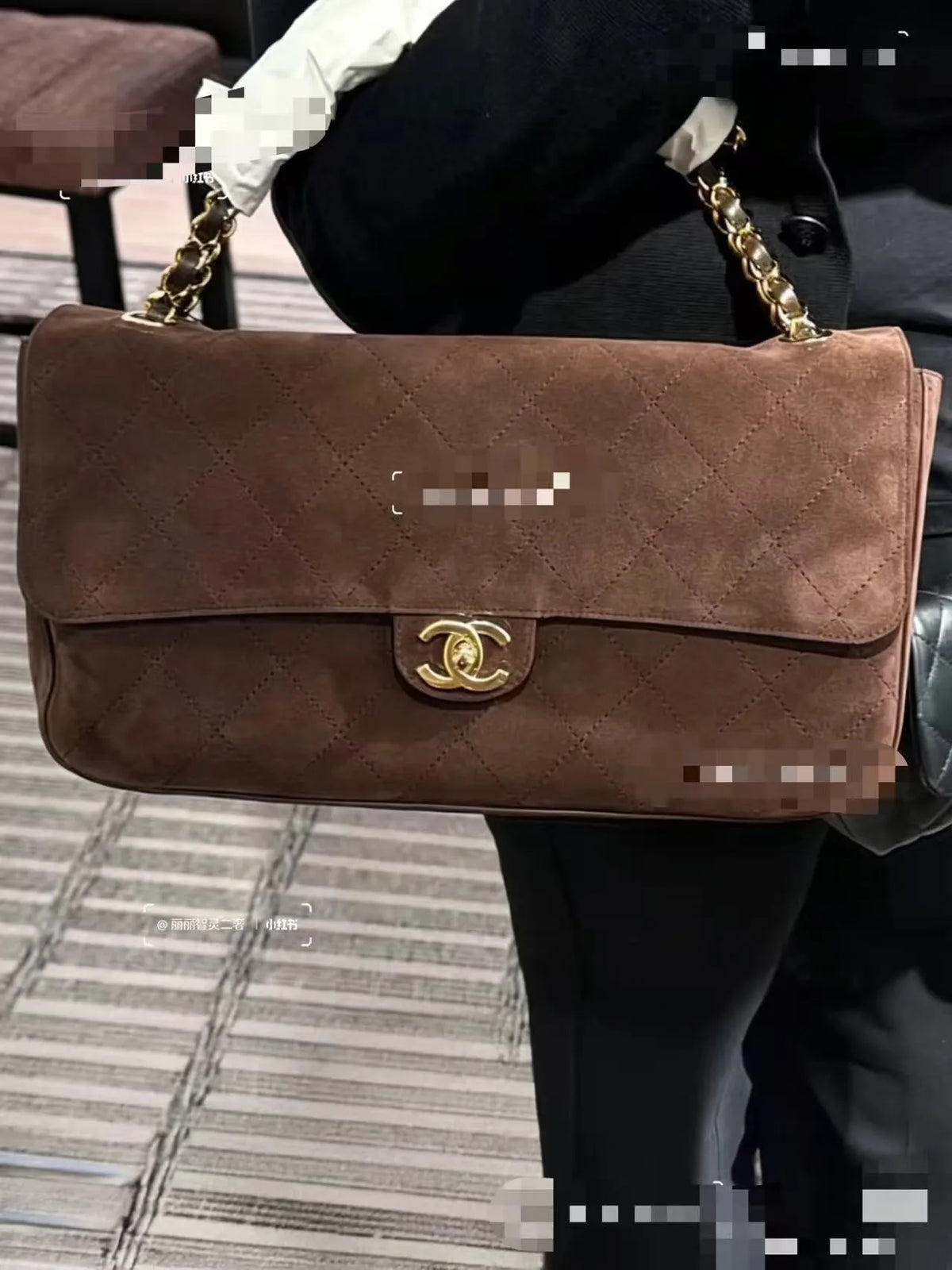 CHANEL Large Suede CF Handbag Coffee Brown