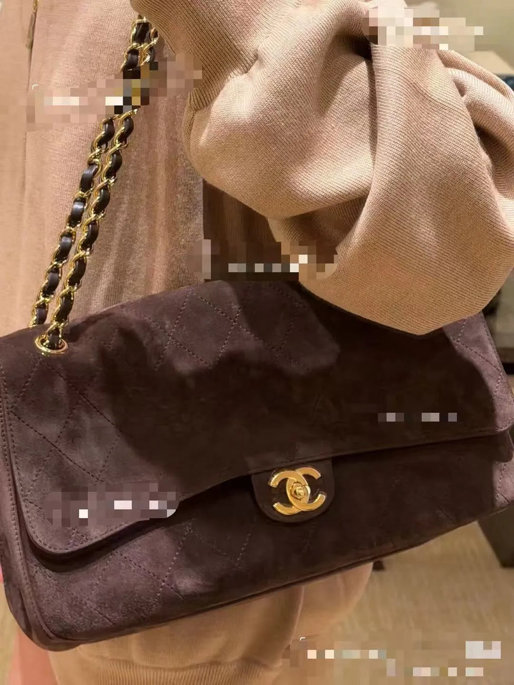 CHANEL Large Suede CF Handbag Coffee Brown