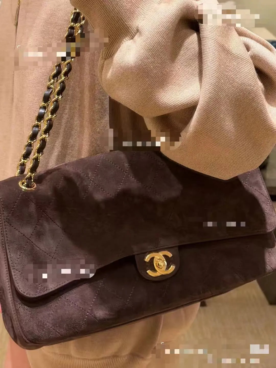 CHANEL Large Suede CF Handbag Coffee Brown