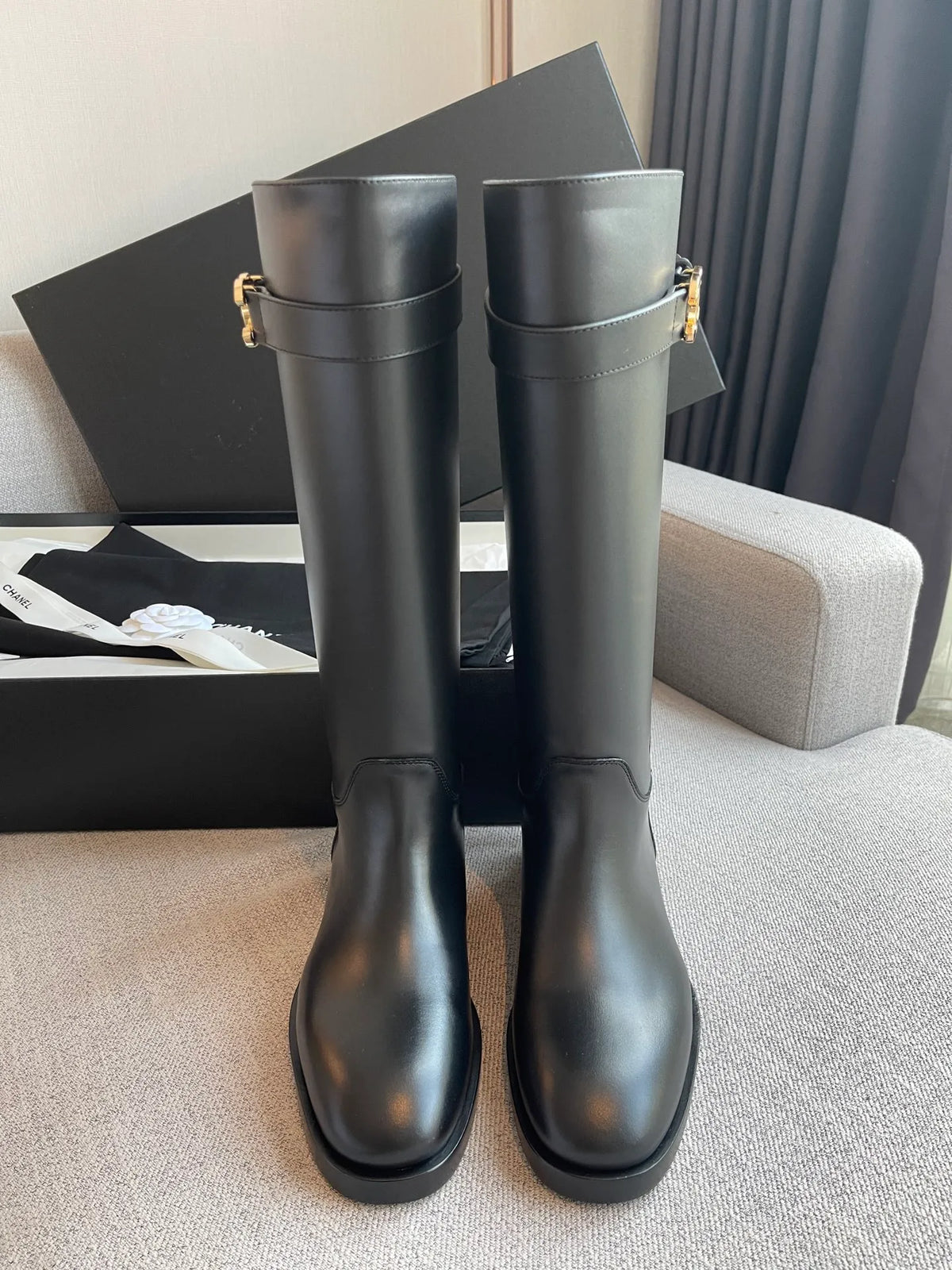Chanel Women's 26B Double C Buckle Long Boots Calfskin Leather 329121