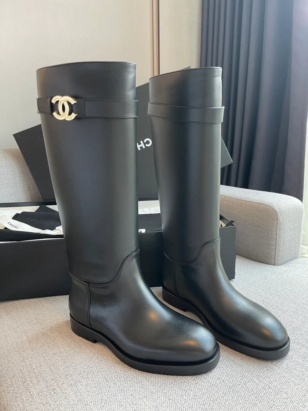 Chanel Women's 26B Double C Buckle Long Boots Calfskin Leather 329121