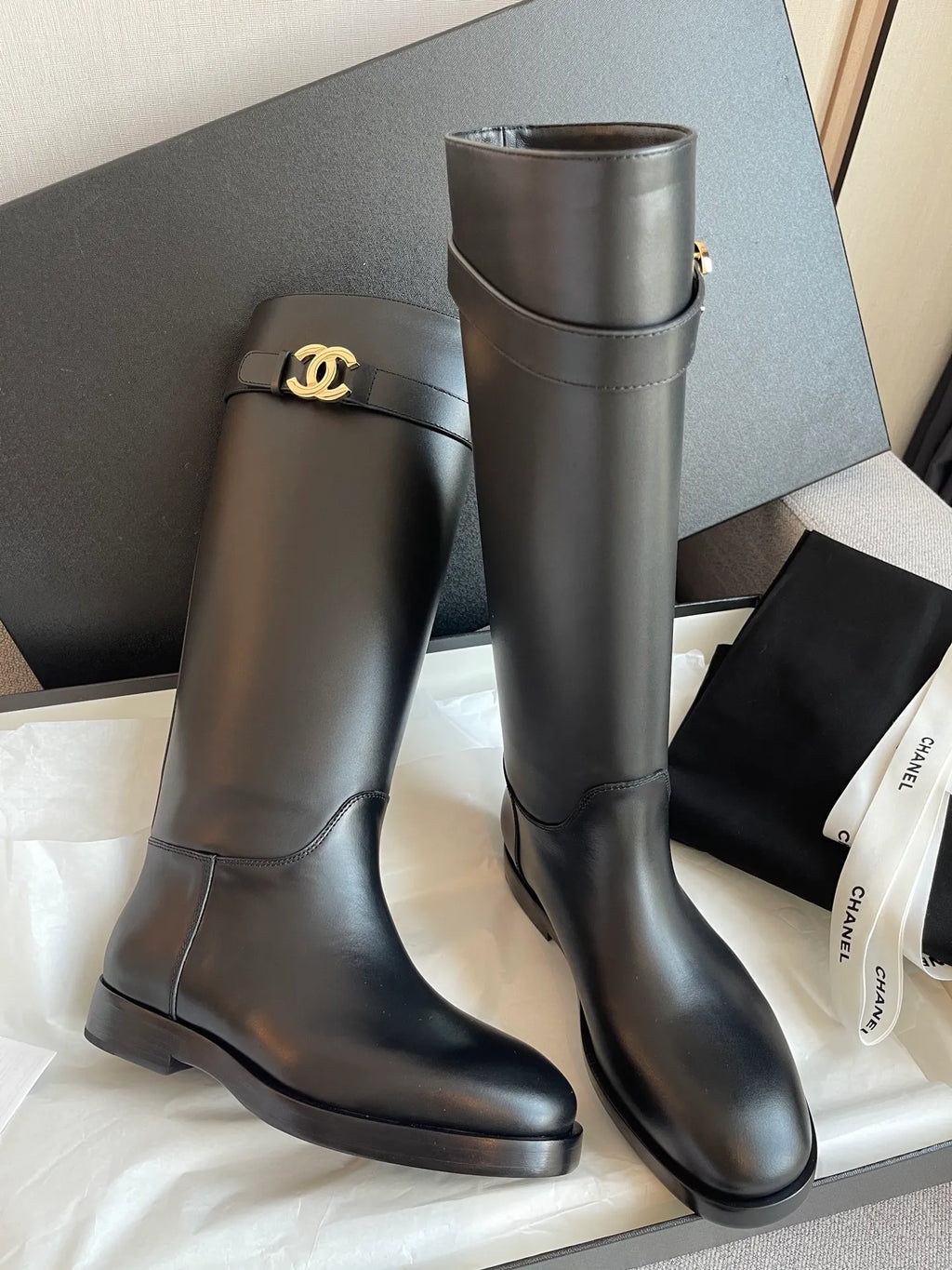 Chanel Women's 26B Double C Buckle Long Boots Calfskin Leather 329121