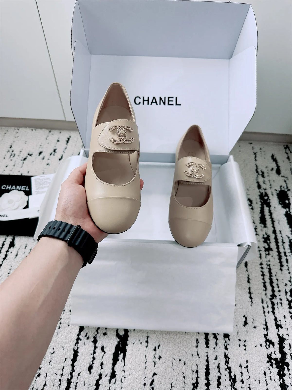 Chanel Women's Mary Jane Flats Lambskin Leather 26A