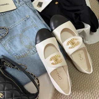Chanel Women's Rhinestone Double C Mary Jane Flats Leather 385272