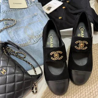 Chanel Women's Rhinestone Double C Mary Jane Flats Leather 385274