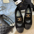 Chanel Women's Rhinestone Double C Mary Jane Flats Leather 385274