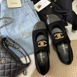 Chanel Women's Rhinestone Double C Mary Jane Flats Leather 385274