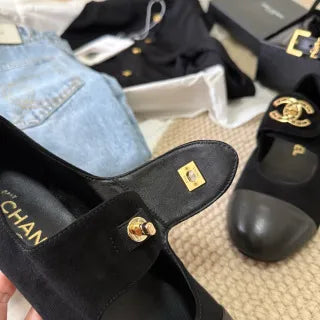 Chanel Women's Rhinestone Double C Mary Jane Flats Leather 385274