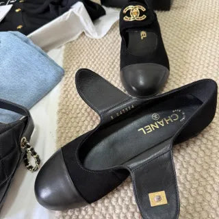 Chanel Women's Rhinestone Double C Mary Jane Flats Leather 385274