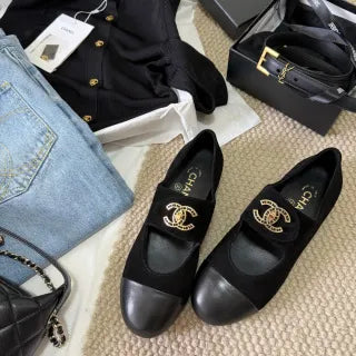 Chanel Women's Rhinestone Double C Mary Jane Flats Leather 385274