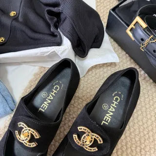 Chanel Women's Rhinestone Double C Mary Jane Flats Leather 385274