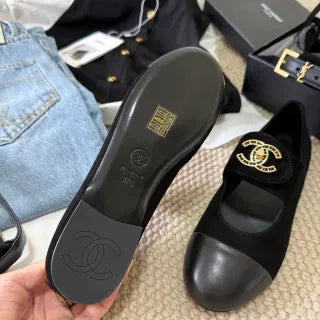 Chanel Women's Rhinestone Double C Mary Jane Flats Leather 385274