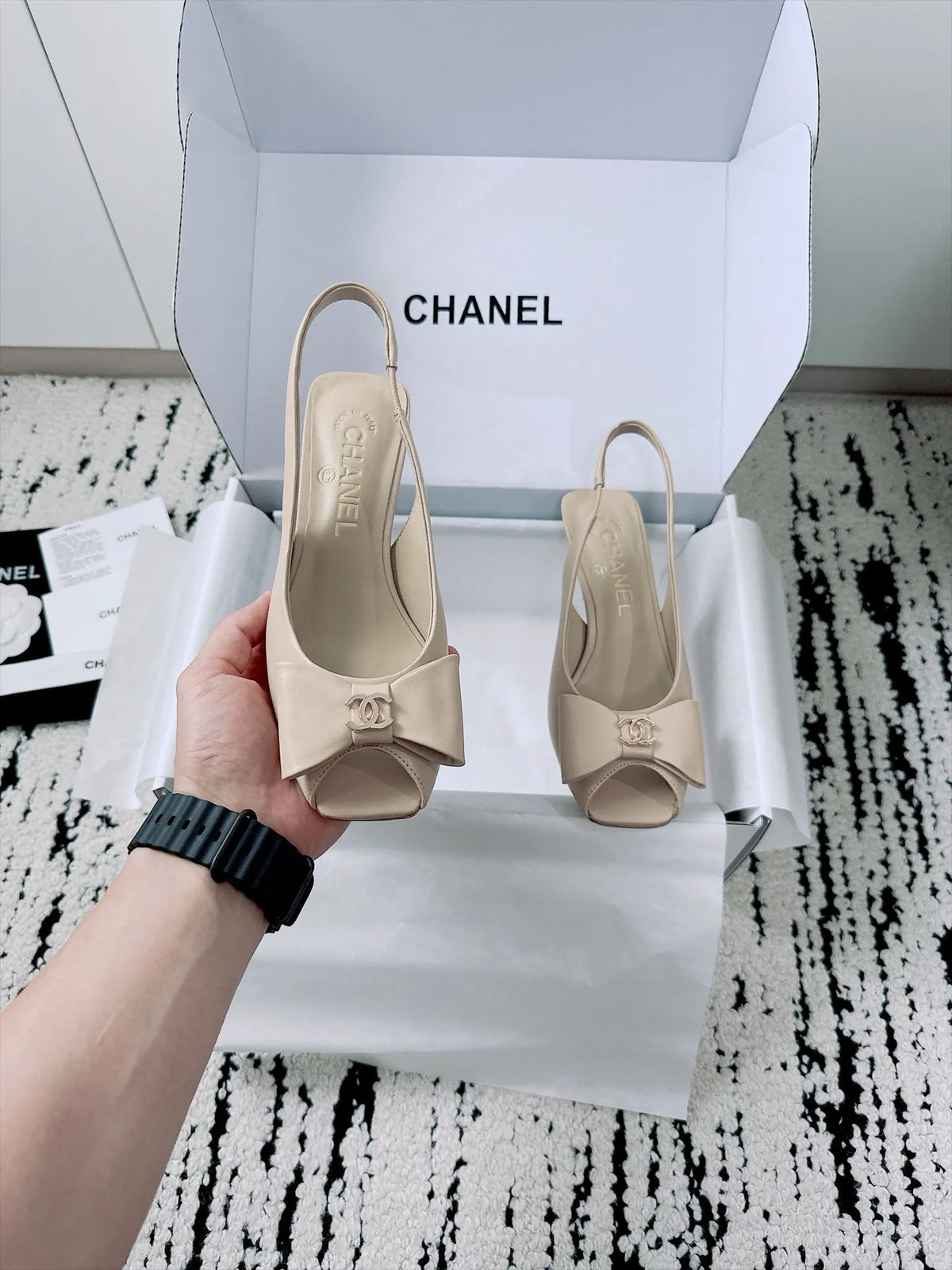 Chanel Women's Slingback Bow High Heels Lambskin Leather 26A