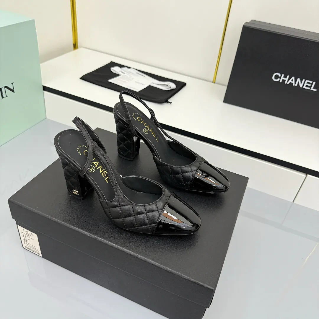 Chanel Women's Slingback Flats Heels Sheepskin Cowhide Leather