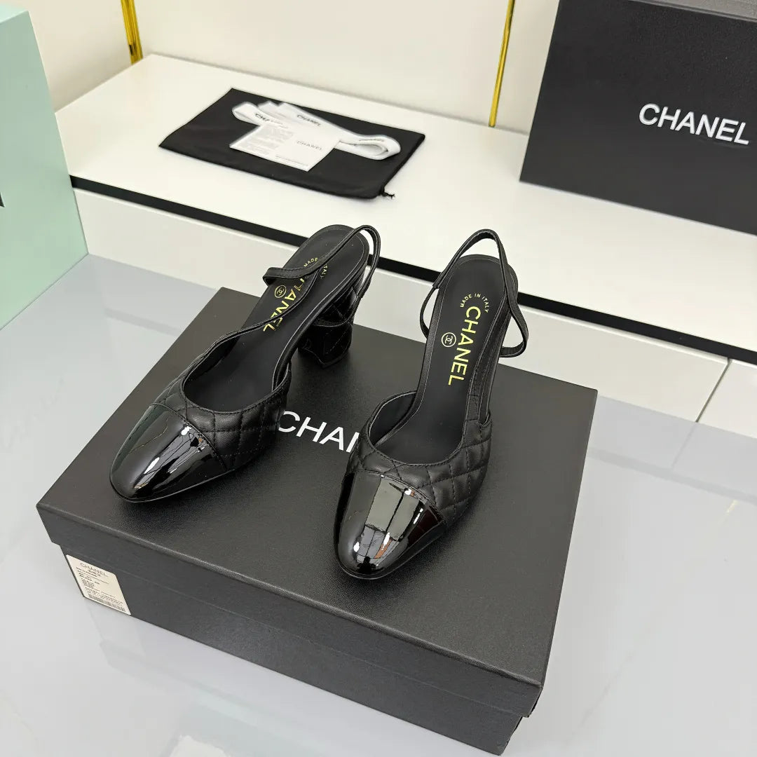 Chanel Women's Slingback Flats Heels Sheepskin Cowhide Leather