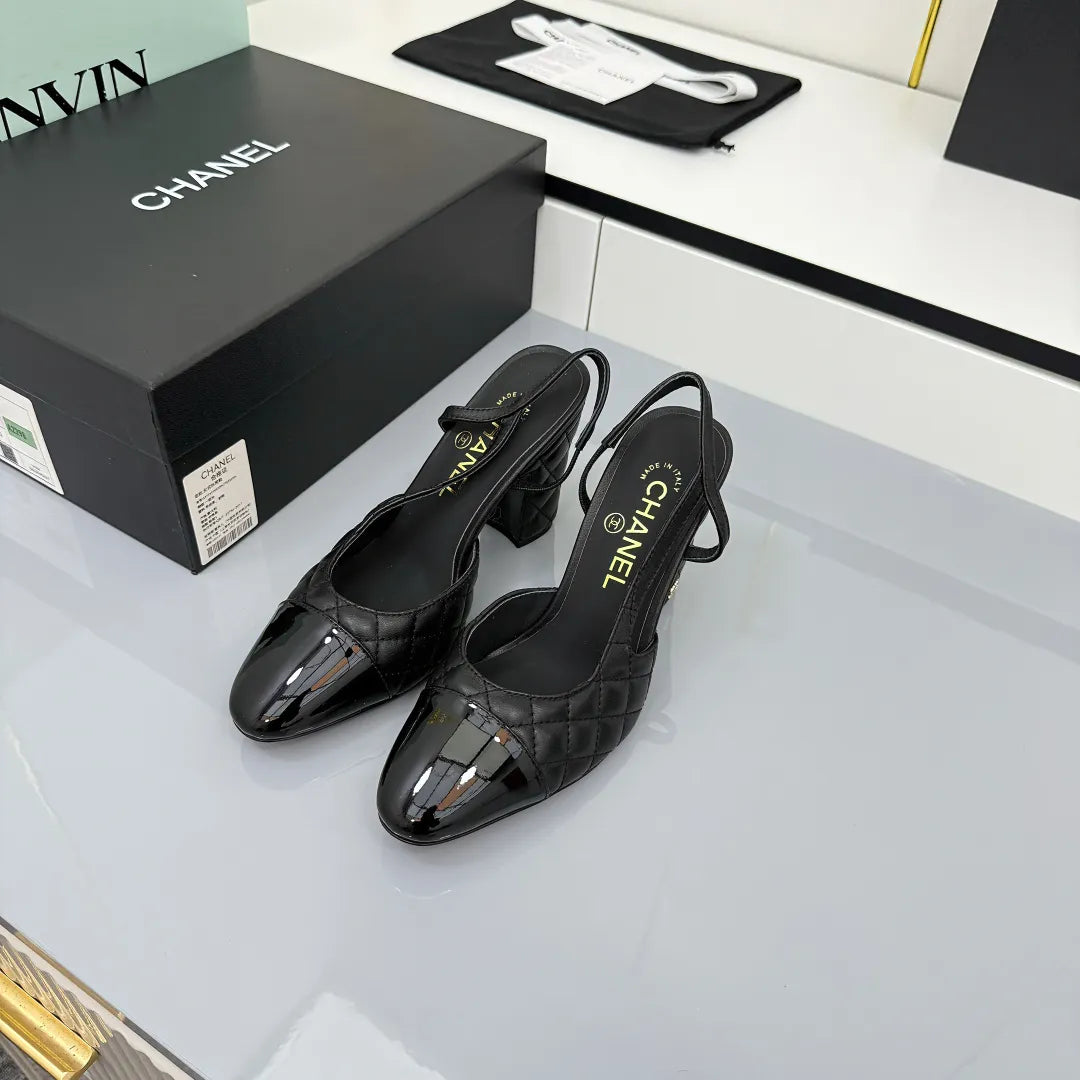 Chanel Women's Slingback Flats Heels Sheepskin Cowhide Leather