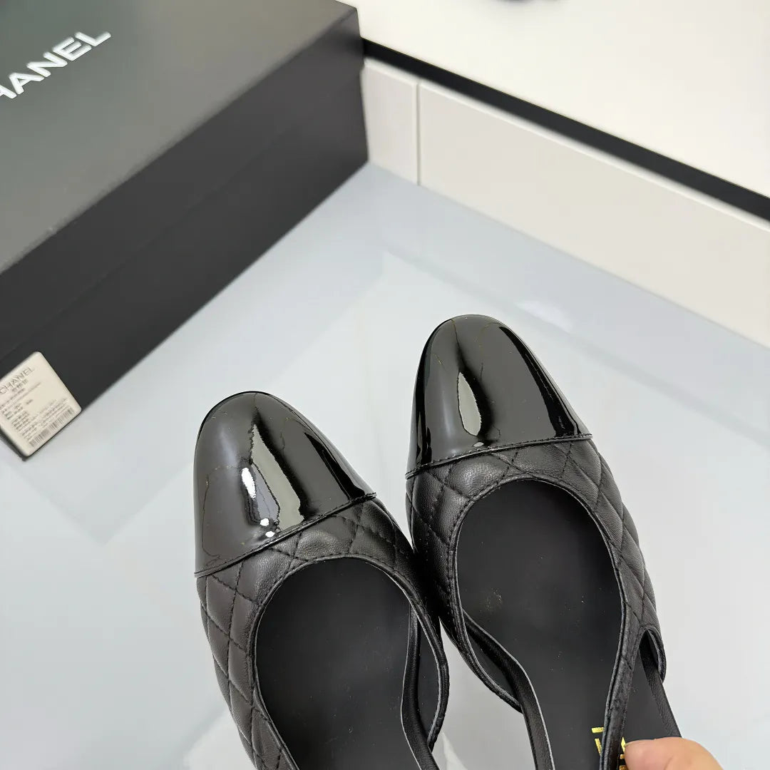 Chanel Women's Slingback Flats Heels Sheepskin Cowhide Leather