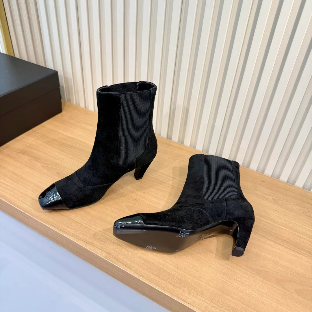 Chanel Women's Square Toe High Heel Ankle Boots Leather
