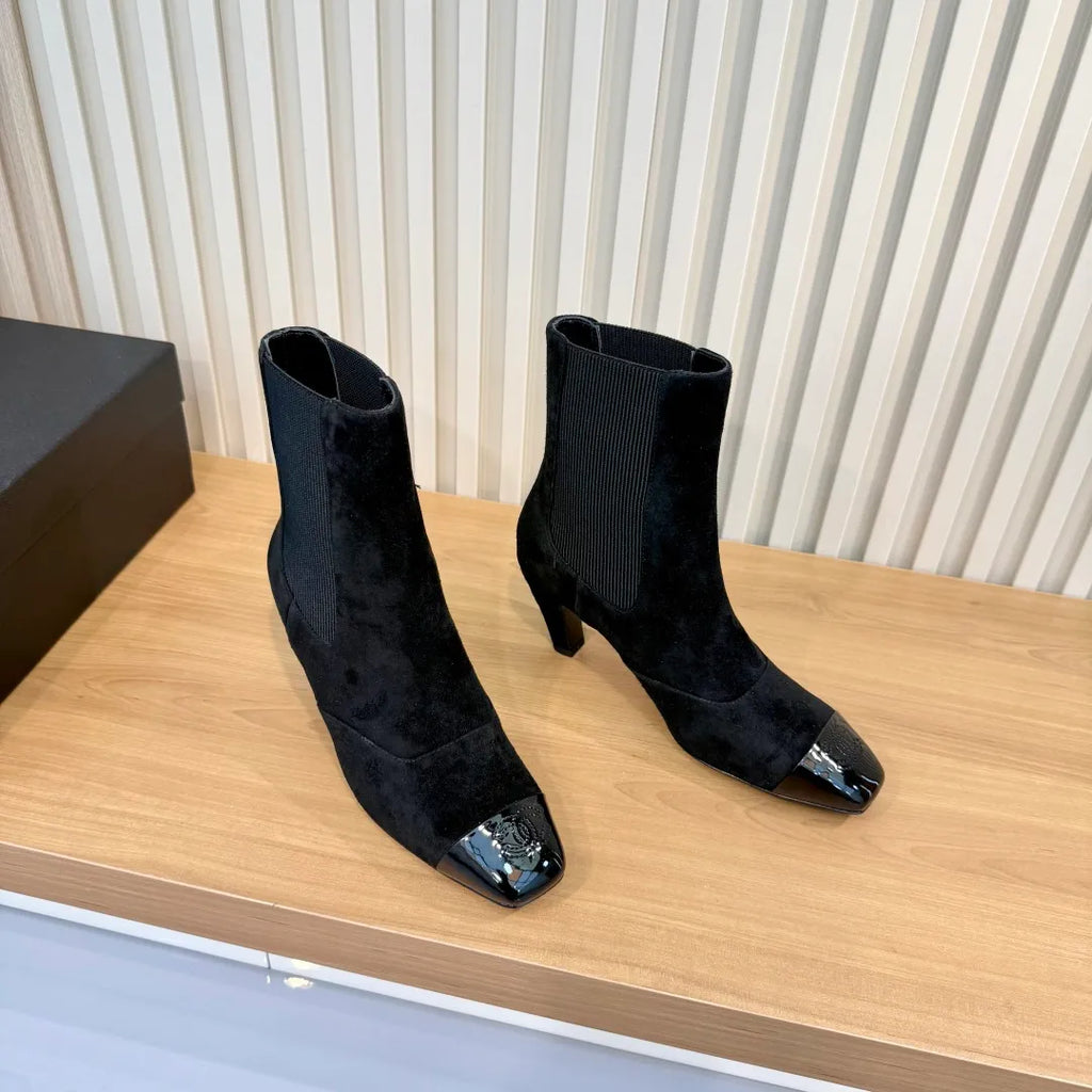 Chanel Women's Square Toe High Heel Ankle Boots Leather