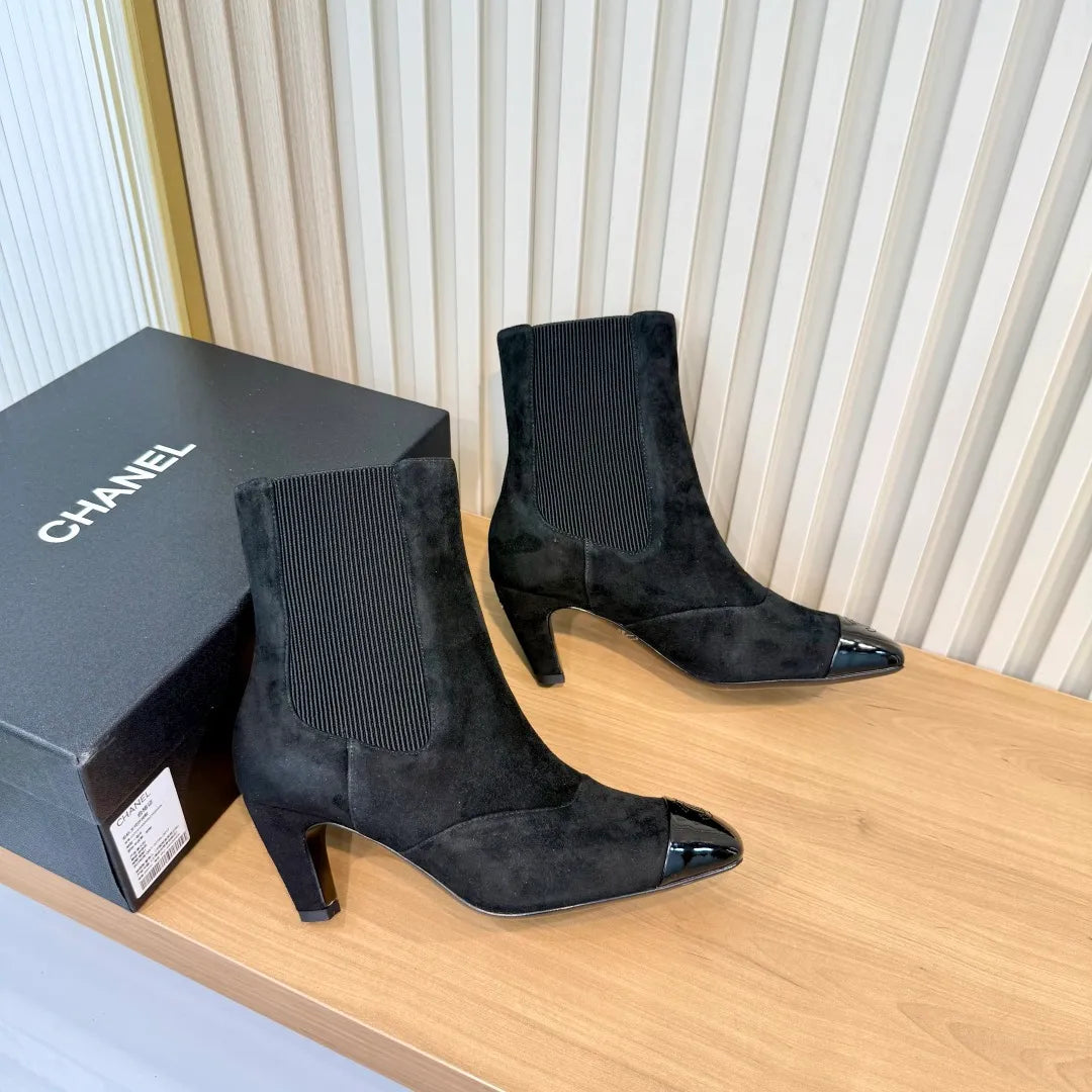 Chanel Women's Square Toe High Heel Ankle Boots Leather