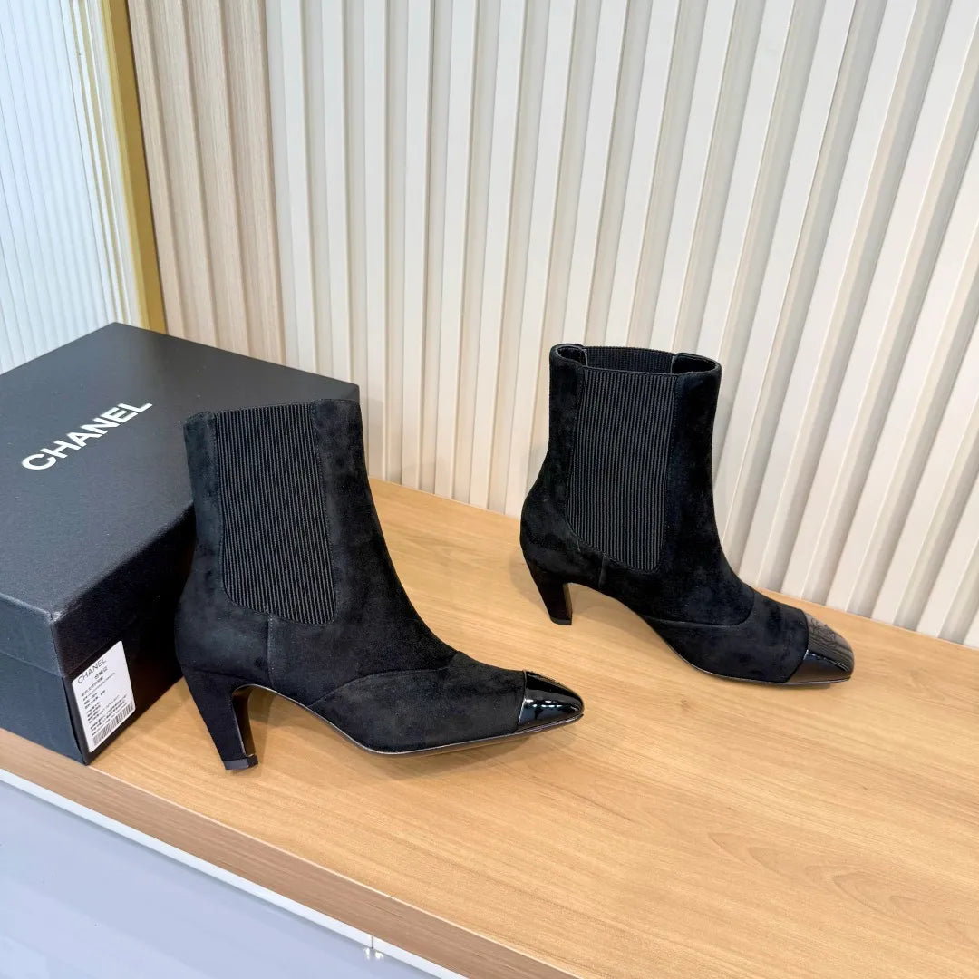 Chanel Women's Square Toe High Heel Ankle Boots Leather