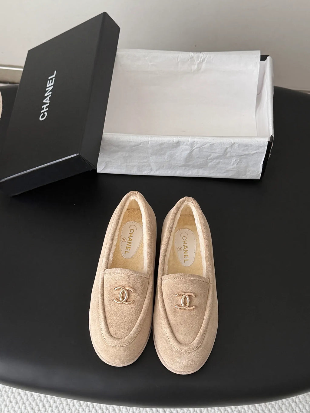 Chanel Women's Suede Fuzzy Loafers 26B