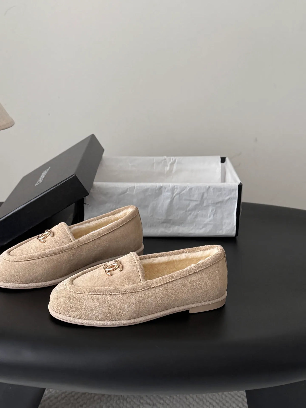 Chanel Women's Suede Fuzzy Loafers 26B