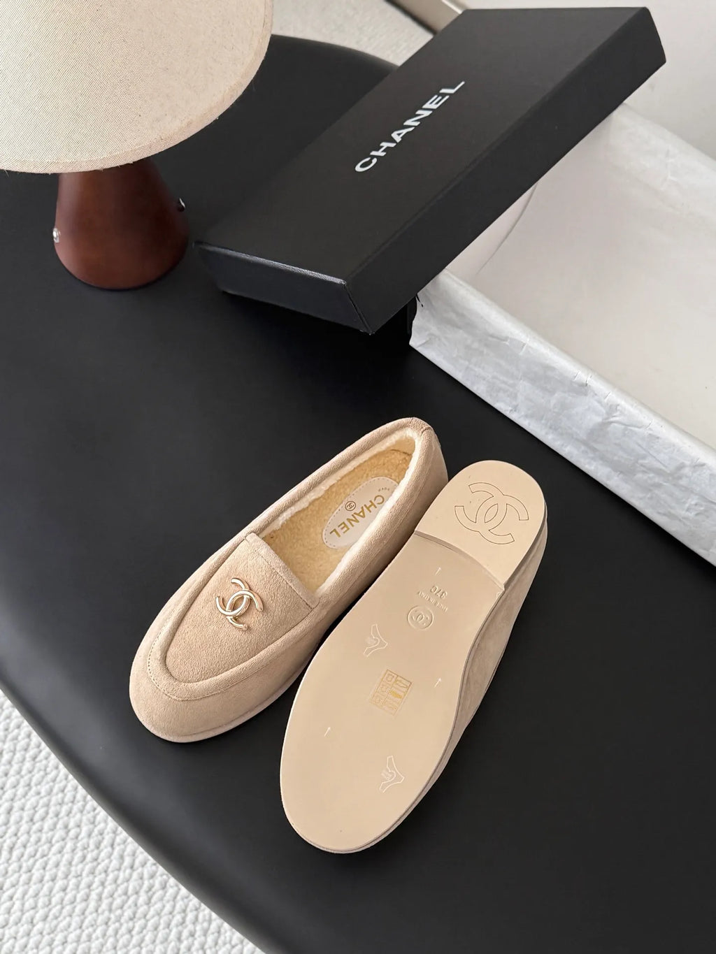 Chanel Women's Suede Fuzzy Loafers 26B