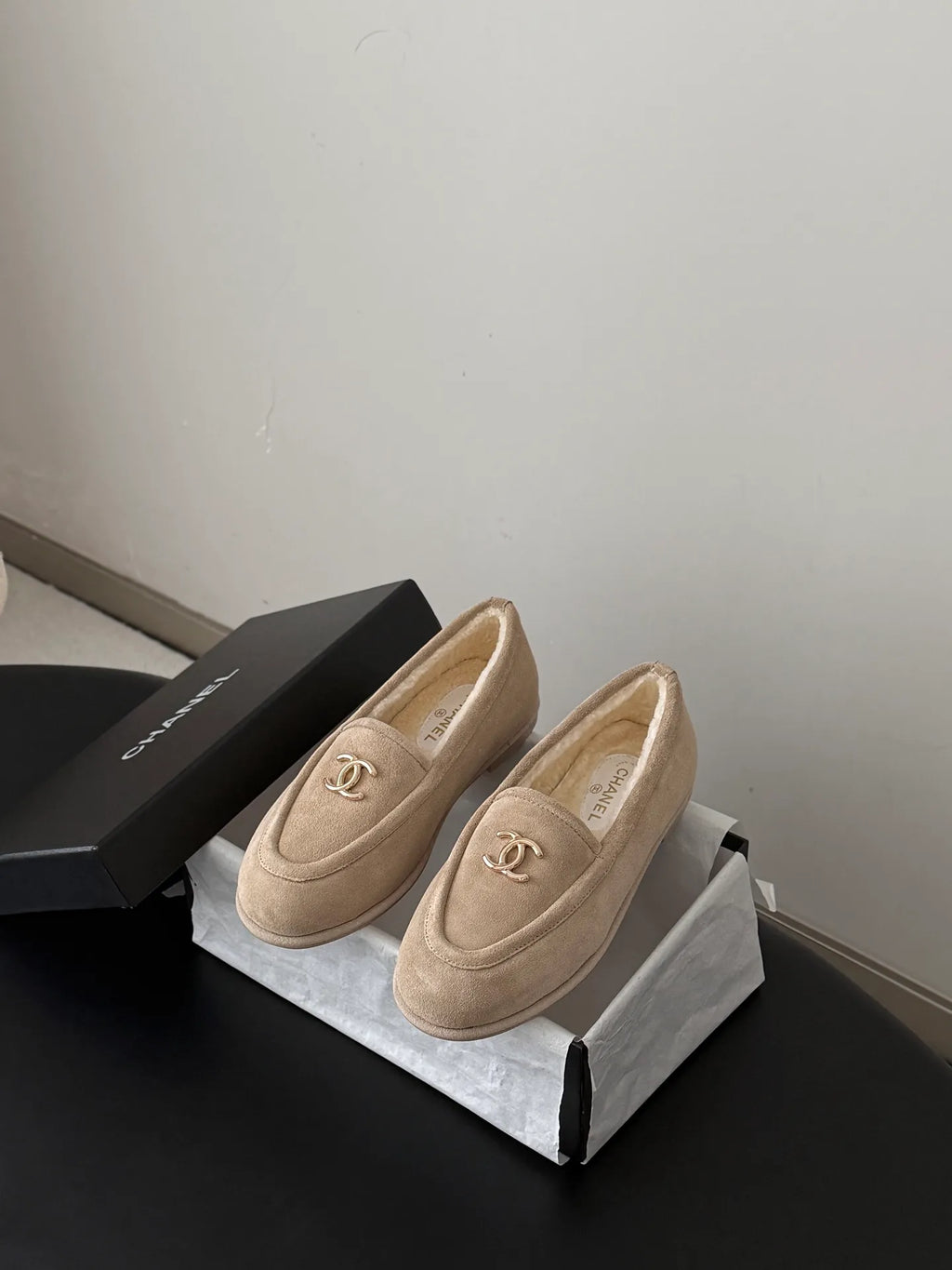 Chanel Women's Suede Fuzzy Loafers 26B