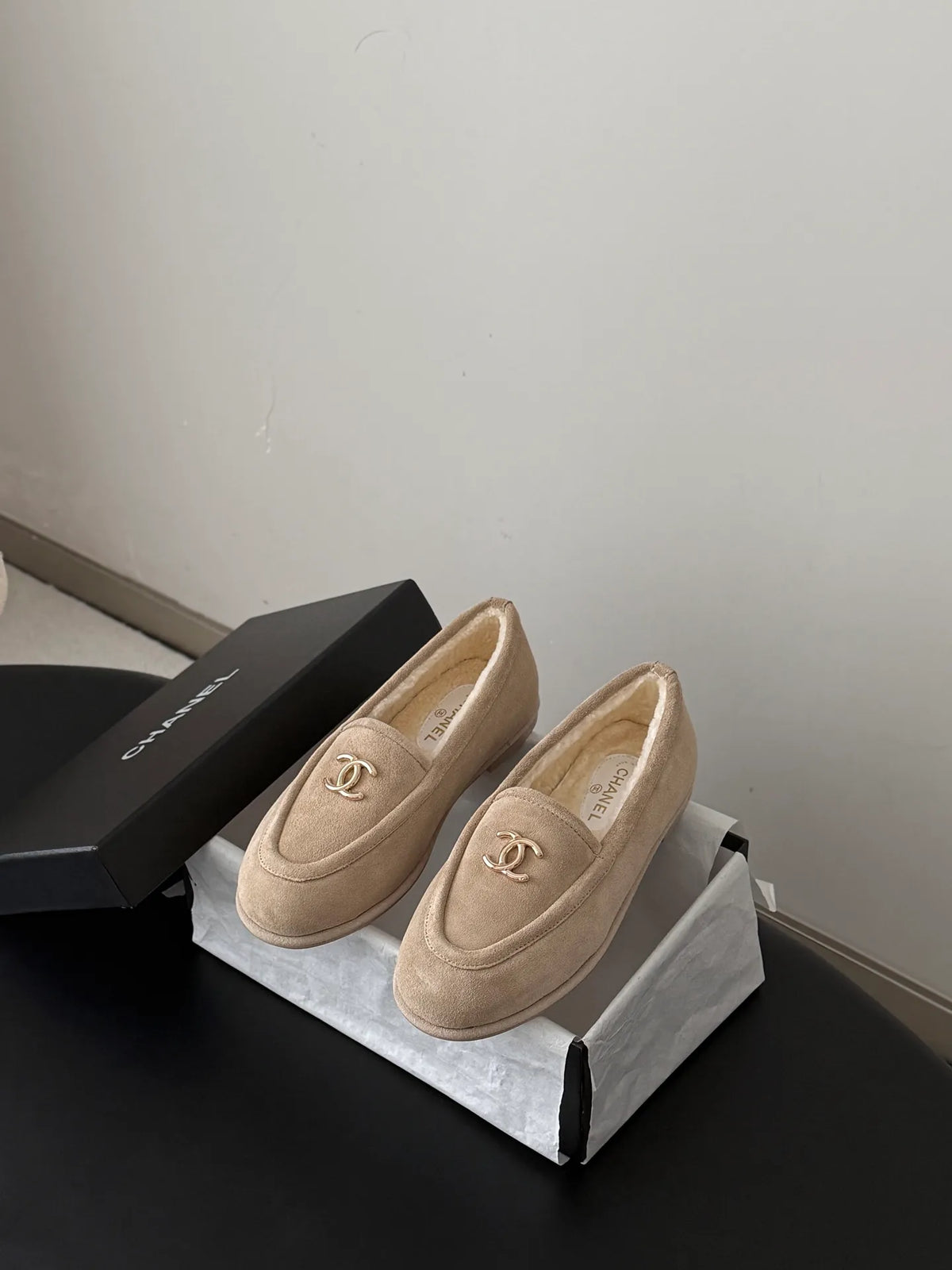 Chanel Women's Suede Fuzzy Loafers 26B