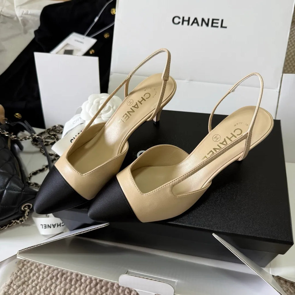Chanel Women's Two-Tone Pointed-Toe Slingback Heels Lambskin 385283