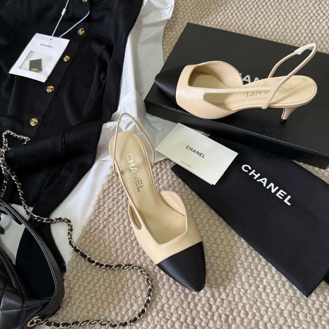 Chanel Women's Two-Tone Pointed-Toe Slingback Heels Lambskin 385283