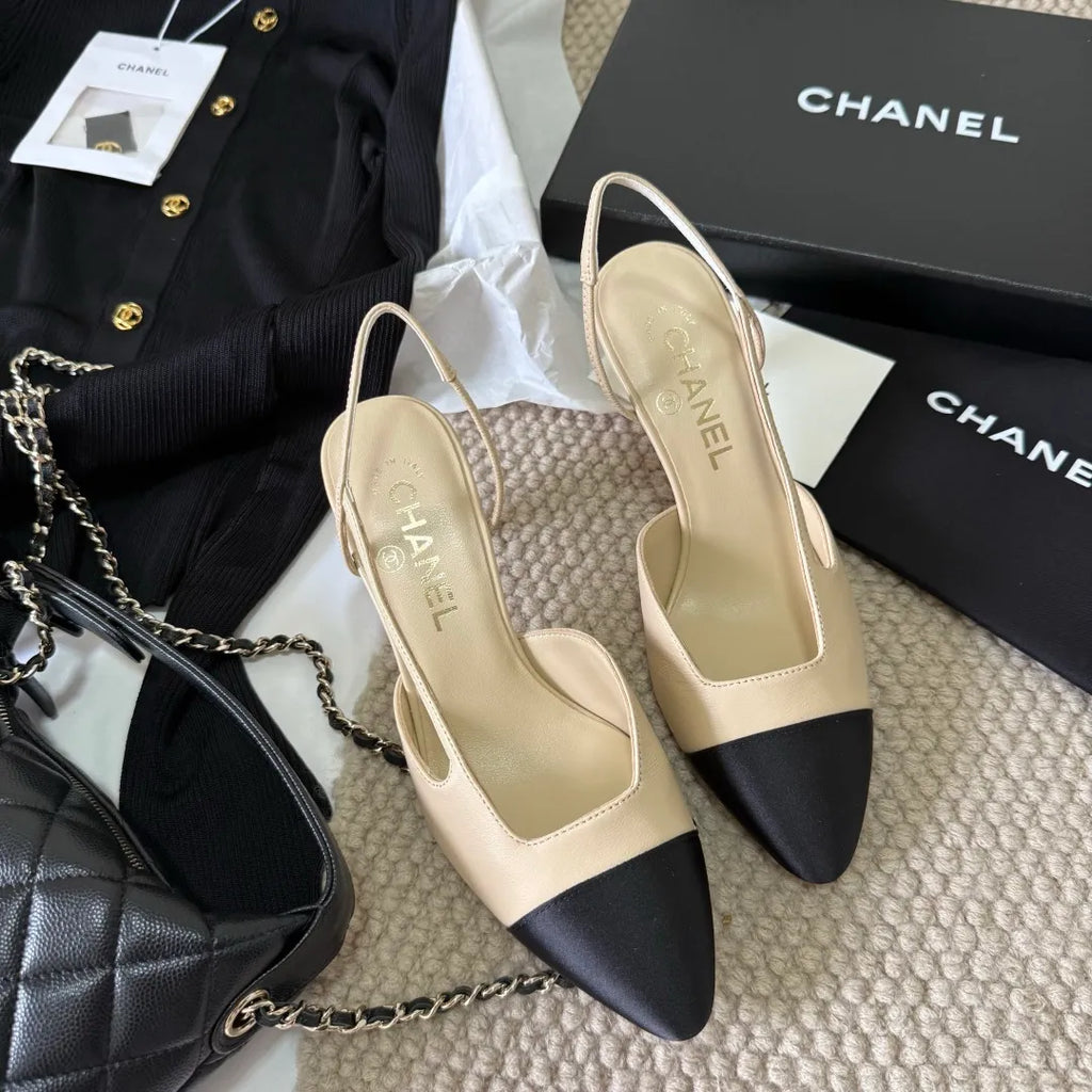 Chanel Women's Two-Tone Pointed-Toe Slingback Heels Lambskin 385283