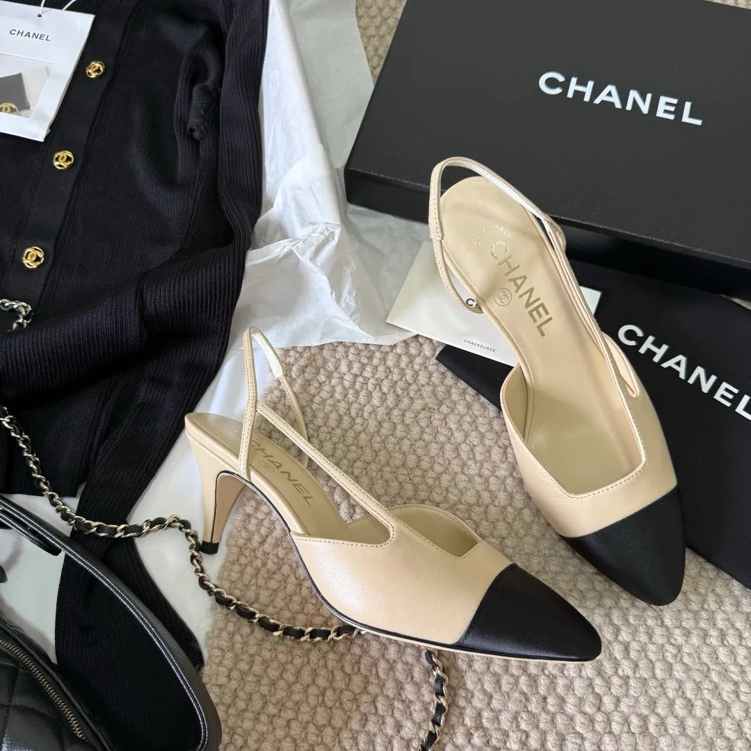 Chanel Women's Two-Tone Pointed-Toe Slingback Heels Lambskin 385283